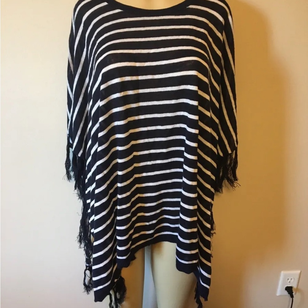NWT Talbots Navy Blue And White Striped Fringe Pull Over Shawl Womens Size Large